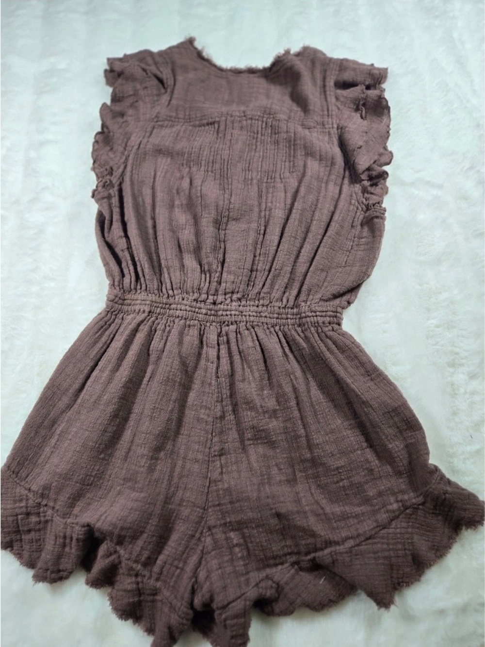 Free People Ruffled Gauze Short Romper in Dusty Mauve/ Brown - Picture 7 of 8